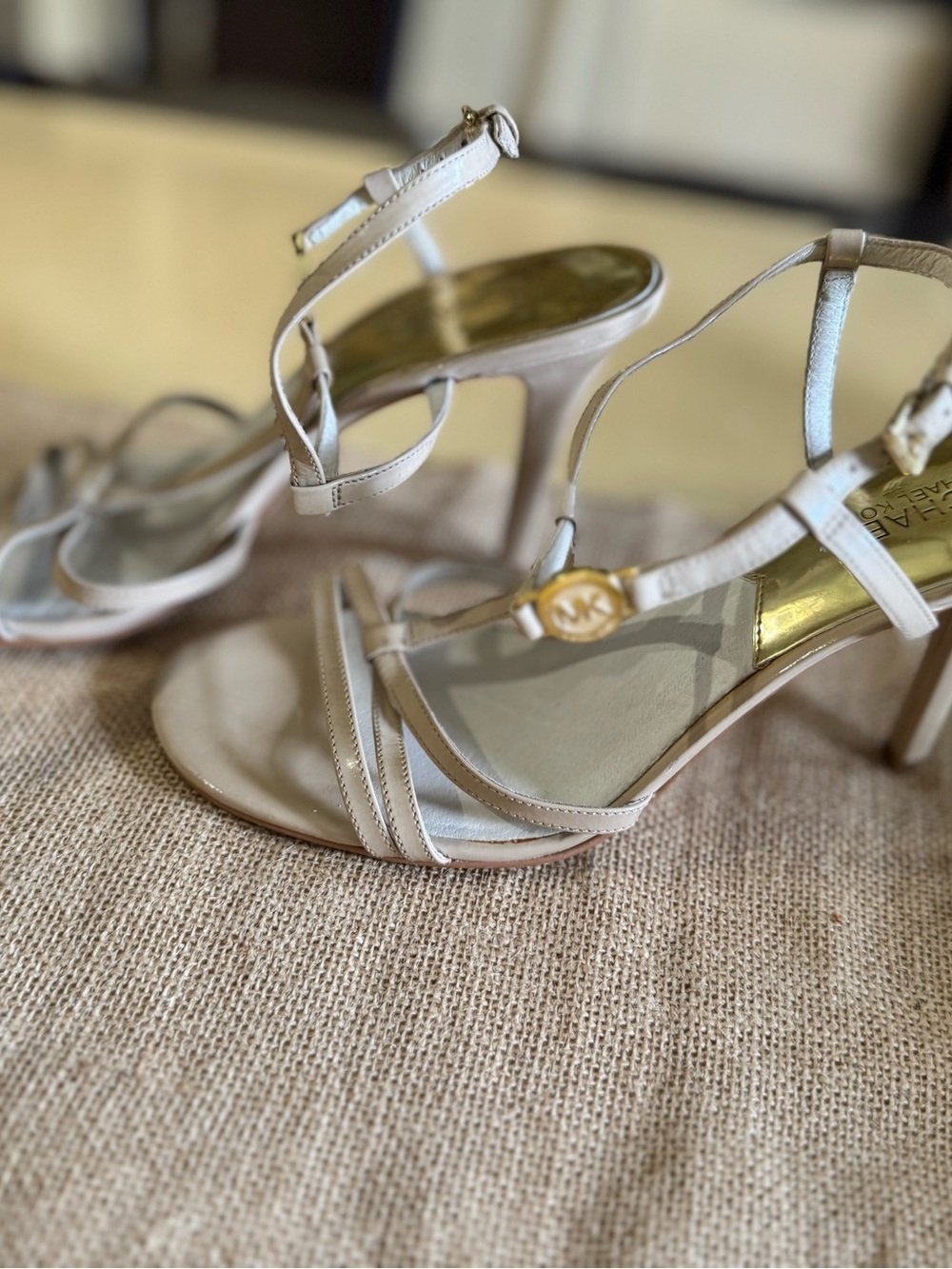 Michael Kors Nude Patent T-Strap Heels with Gold Insole